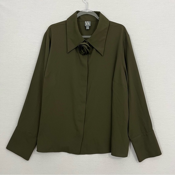 New Worthington Olive Green Attached Rose Soft Flowy Button Down 2X Preppy - Picture 1 of 10
